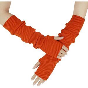 Women's Orange Soft Cozy Arm Warmers Fingerless Knitted Long Gloves Winter